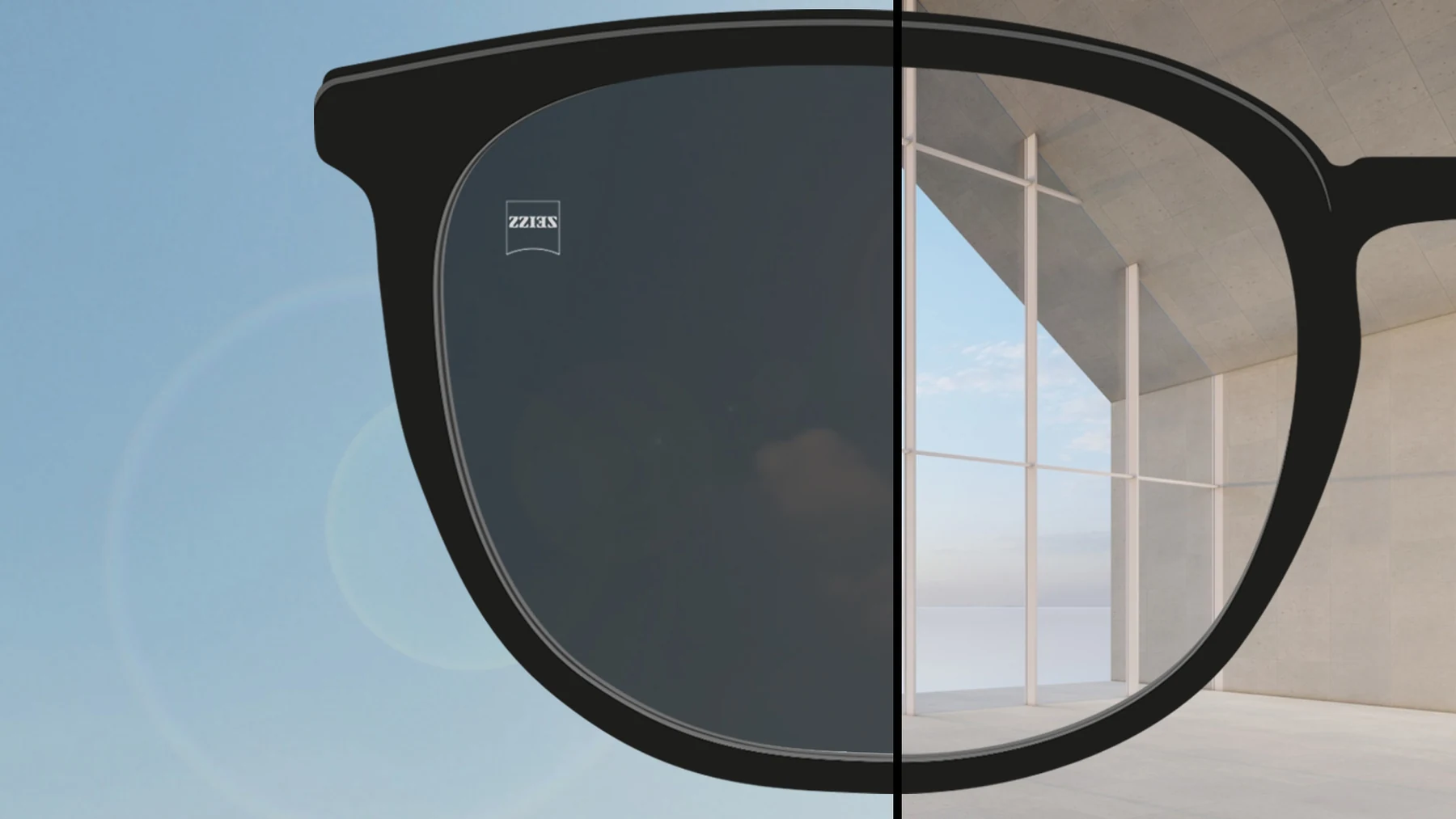 Lente ZEISS PhotoFusion X representada em duas condições, escura ao ar livre e incolor no ambiente interno
