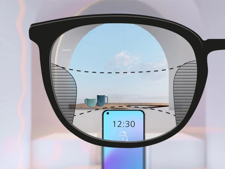 Lente progressiva ZEISS com representação das áreas de visão de perto e de longe