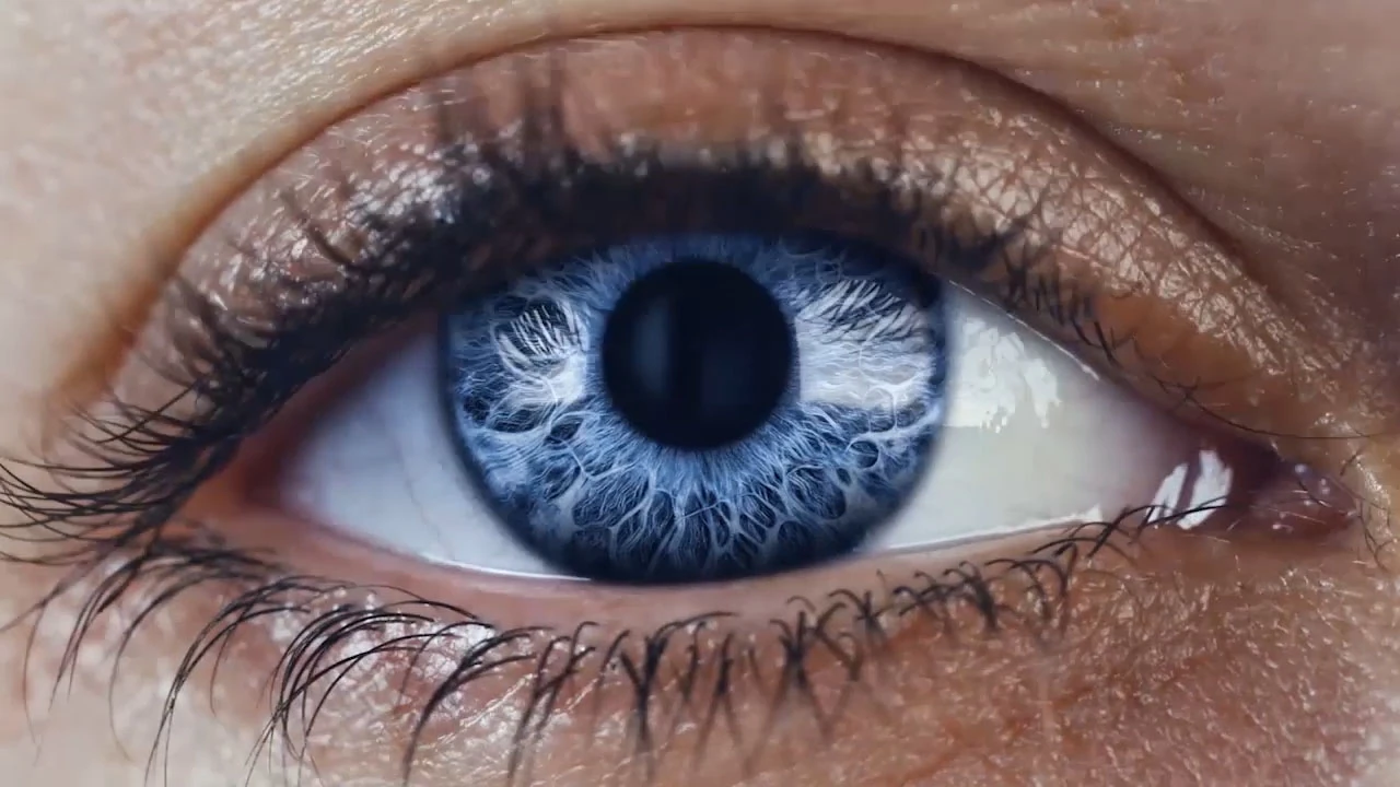 Detalhe de um olho azul, com a íris em destaque