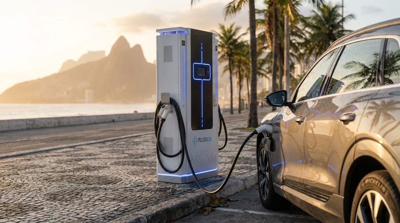 Totem Plugbox branco com iluminação azul conectado a um SUV à beira-mar