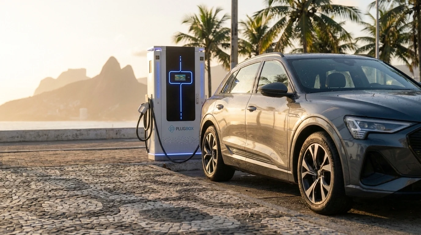 Carregador Plugbox branco com iluminação azul conectado a um SUV prateado.