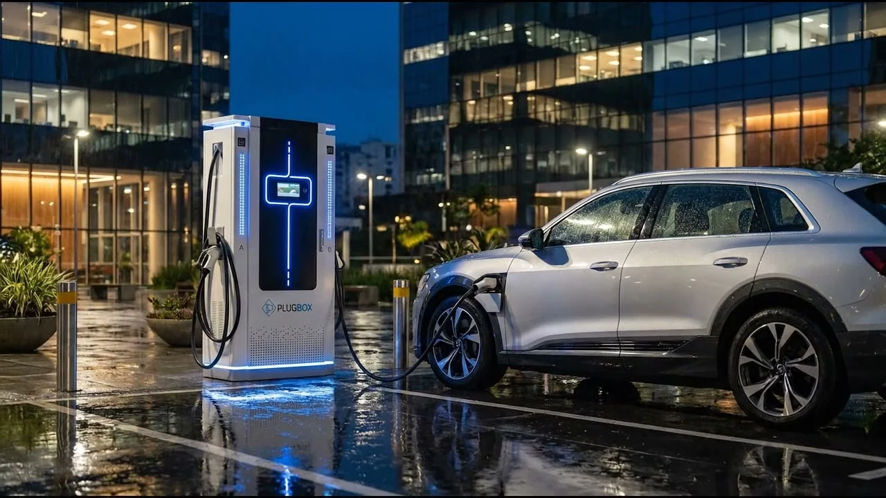 Carregador Plugbox iluminado à noite, conectado a um veículo elétrico