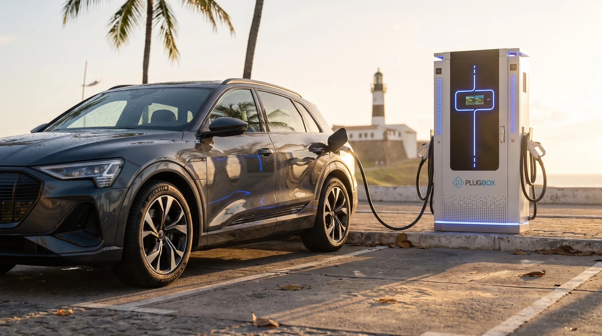SUV conectado a um totem Plugbox com luz azul, em um espaço à beira-mar